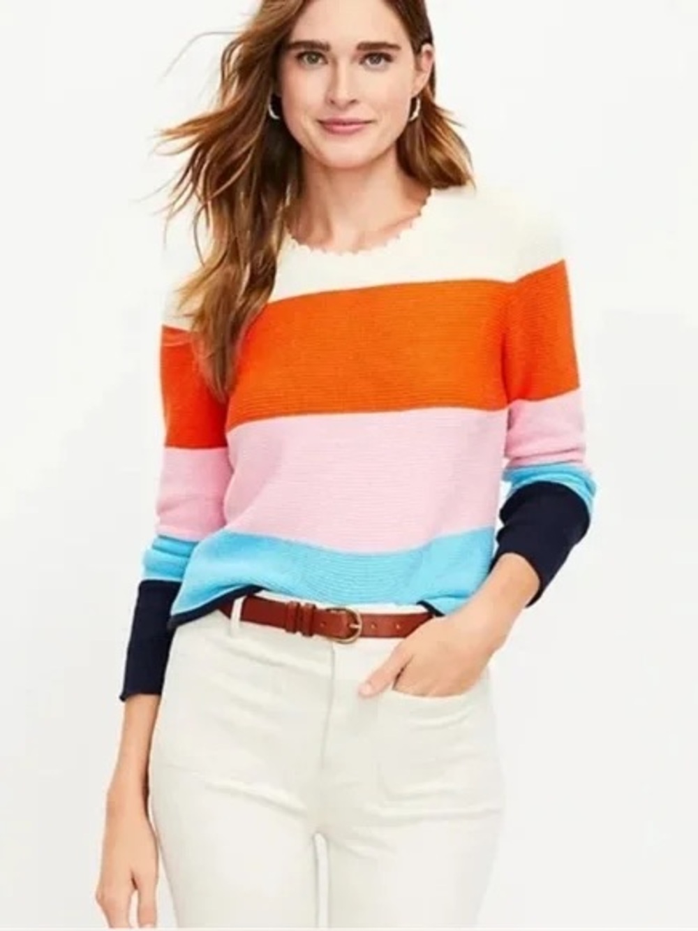 LOFT Striped Crewneck Sweater in Cream, Red, Pink, Aqua, Navy